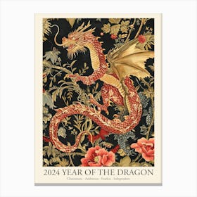 Lunar Year Of The Dragon 2024 Dragon Art Chinese Zodiac Flowers Gold Red Canvas Print