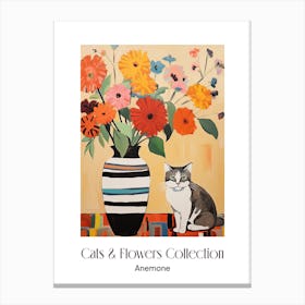 Cats & Flowers Collection Anemone Flower Vase And A Cat, A Painting In The Style Of Matisse 1 Canvas Print