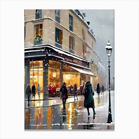 Paris cafes, winter season, Christmas, autumn oil colors, pale colors, pedestrians in the street, winter clothes, falling snow.Christmas decorations.13 Canvas Print