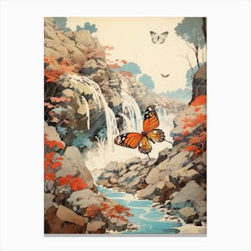 Butterfly With Waterfall Japanese Style Painting Canvas Print