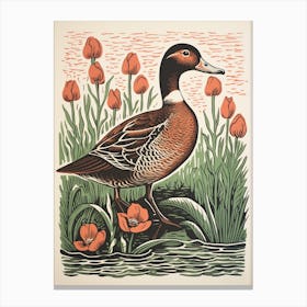 Vintage Bird Linocut Duck 1 Canvas Print