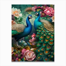 Peacocks And Flowers Canvas Print