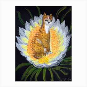 Cats Have Fun The Red Tabby Cat On A White Flower On A Black Background Canvas Print