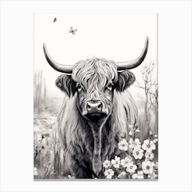 Black & White Illustration Of Highland Cow With Butterflies 2 Canvas Print