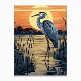 Vintage Bird Linocut Great Blue Heron 7 Canvas Print