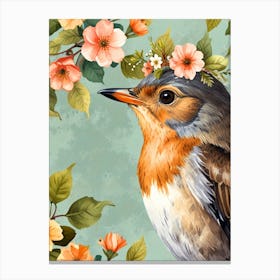 Robin With Flowers Canvas Print