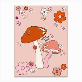 Mushrooms And Flowers Retro 70s Peach Canvas Print
