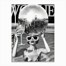 Disco Ball Head In Swimming Pool Black And White Fashion Canvas Print