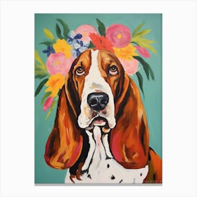 Basset Hound Portrait With A Flower Crown, Matisse Painting Style 3 Canvas Print