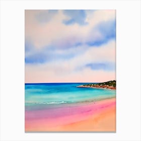 Cala Comte Beach, Ibiza, Spain Pink Watercolour Canvas Print