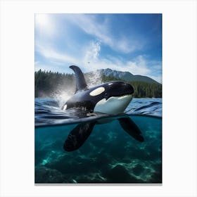Aqua Blue Realistic Orca Whale Spraying Water Canvas Print