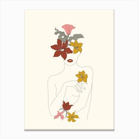 Colorful Thoughts Minimal Line Art Woman With Flowers IV Canvas Print