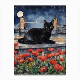 Black Cat in London Tower Bridge At Night - England Iconic Cityscapes Flowers Full Moon Britain Traditional Watercolor Art Print Kitty Travels Home and Room Wall Art Cool Decor Klimt and Matisse Inspired Modern Awesome Cool Unique Pagan Witchy Witches Familiar Gift For Cat Lady Animal Lovers World Travelling Genuine Works by British Watercolour Artist Lyra O'Brien   Canvas Print
