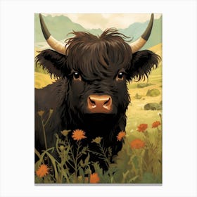 Animated Black Bull In Floral Meadow Canvas Print