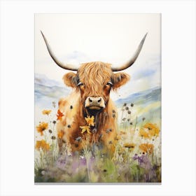 Colourful Highland Cow In The Wildflower Field  2 Canvas Print