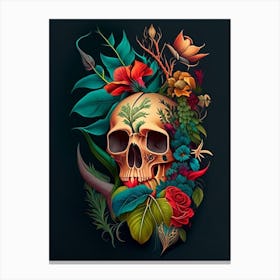 Skull With Tattoo Style Artwork Primary Colours 2 Botanical Canvas Print