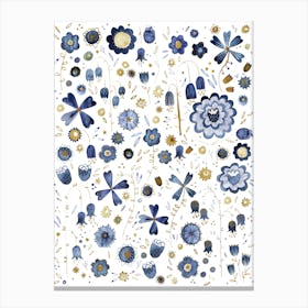 Blue and Gold Watercolor Wild Flowers Canvas Print