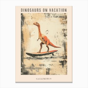 Vintage Gallimimus Dinosaur On A Surf Board Poster Canvas Print