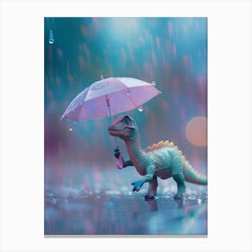 Toy Dinosaur Walking Through The Rain With An Umbrella 1 Canvas Print