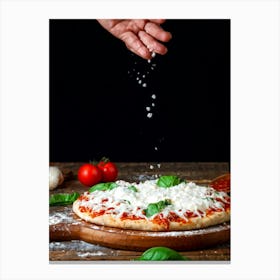 A Hand Stretching A Glistening Ball Of Pizza Dough Mid Action Flour Dusting In The Air From A Woode (4) Canvas Print