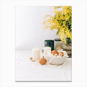 Easter Table With Eggs And Flowers Canvas Print