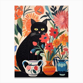 Anemone Flower Vase And A Cat, A Painting In The Style Of Matisse 3 Canvas Print