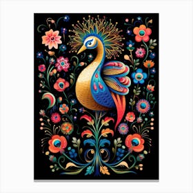 Folk Bird Illustration Peacock 4 Canvas Print