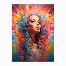 Psychedelic Woman. Rainbow Reverence: The Winged Angel's Colorful Stand. Energetic Euphoria: The Female Force in Psychedelic Form Canvas Print