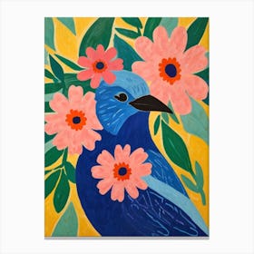 Blue Bird With Pink Flowers Canvas Print