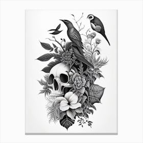 Skull With Bird Motifs Black And White 2 Botanical Canvas Print