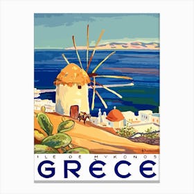 Mykonos, Greece, Windmill On The Coast Canvas Print