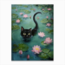 Whimsical Cat Surrounded By Lotus Flowers In Pond Canvas Print