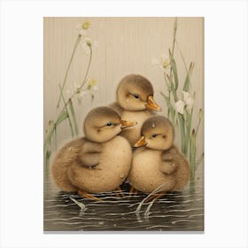 Ducklings In The Rain Japanese Woodblock Style 1 Canvas Print