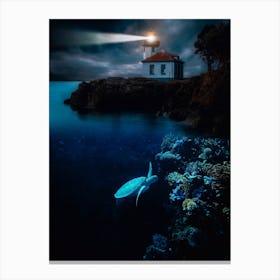 Turtle In The Corals And Lighthouse Canvas Print