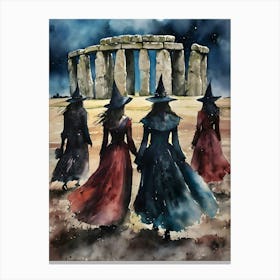 Spell Night - Witches Coven Meet at Stonehenge on a Full Moon - Winter Solstice Witchcraft Fairytale Witch Best Friends Magick Moon Gazing Wishes Manifesting Stone Circles Watercolor Art by Lyra the Lavender Witch Canvas Print
