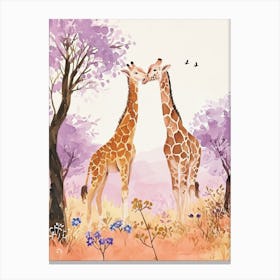 Pair Of Giraffes Lilac Warercolour Portrait Canvas Print
