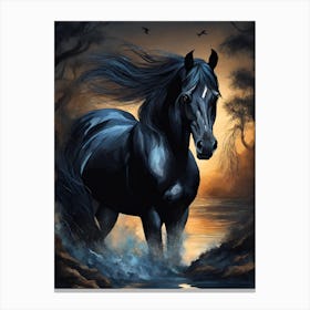 Black Horse In The Water 4 Canvas Print