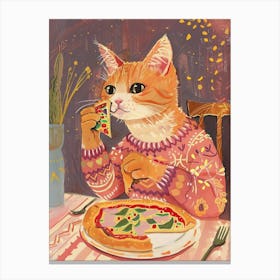Happy Orange Cat Pizza Lover Folk Illustration 4 Canvas Print