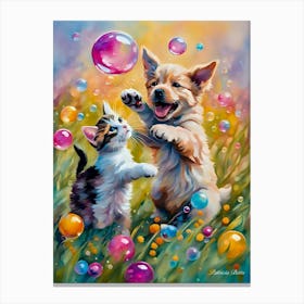 Puppy And Kitten Playing With Bubbles Canvas Print