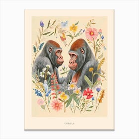 Folksy Floral Animal Drawing Gorilla Poster Canvas Print