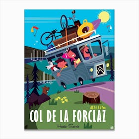 Col De La Forclaz Camper Van Poster Green & Blue Canvas Print