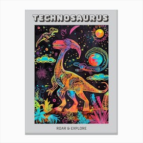 Colourful Dinosaur Neon Line Illustration 1 Poster Canvas Print