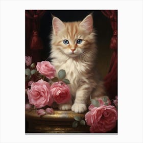 Cat With Blush Pink Flowers Rococo Style 4 Canvas Print