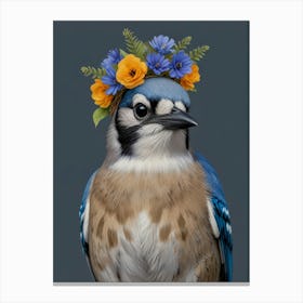 Blue Jay With A Flower Crown European Robin 1 Canvas Print