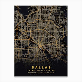 Dallas Texas USA Black And Gold Map Canvas Print