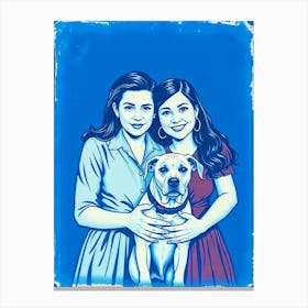 Two Girls And A Dog - Blue Washed Canvas Print