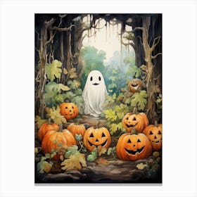 Cute Bedsheet Ghost, Botanical Halloween Watercolour 89 Canvas Print