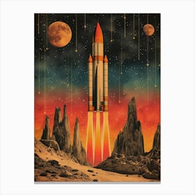 Space Odyssey: Retro Poster featuring Asteroids, Rockets, and Astronauts: Space Rocket Launch 2 Canvas Print