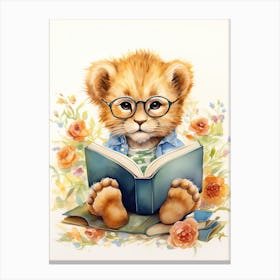 Reading Books Watercolour Lion Art Painting 3 Canvas Print