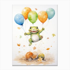 Frog Flying With Autumn Fall Pumpkins And Balloons Watercolour Nursery 3 Canvas Print